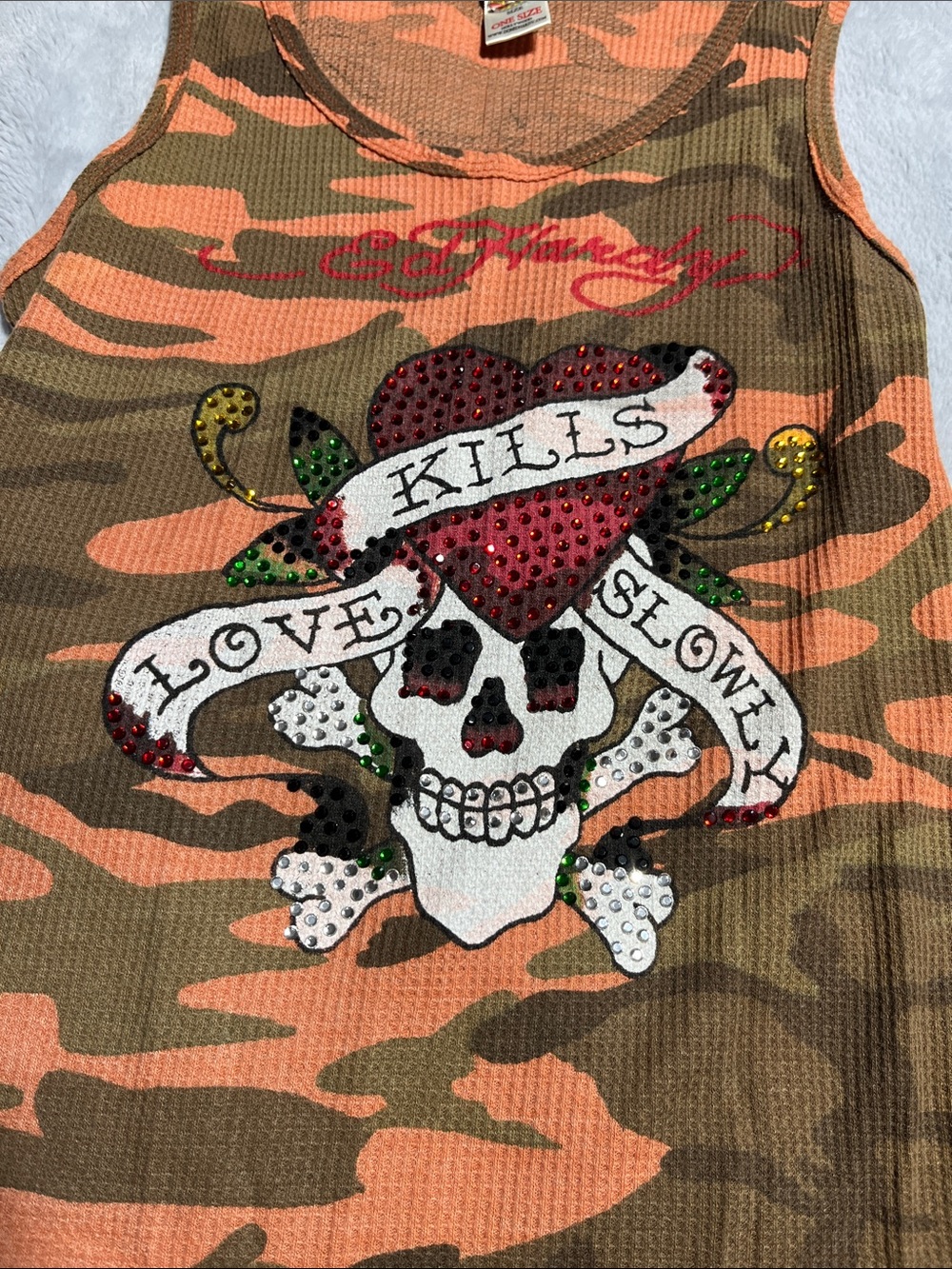 Ed Hardy Orange and Brown Camo Tank Top with Skull & Heart Stud Motif